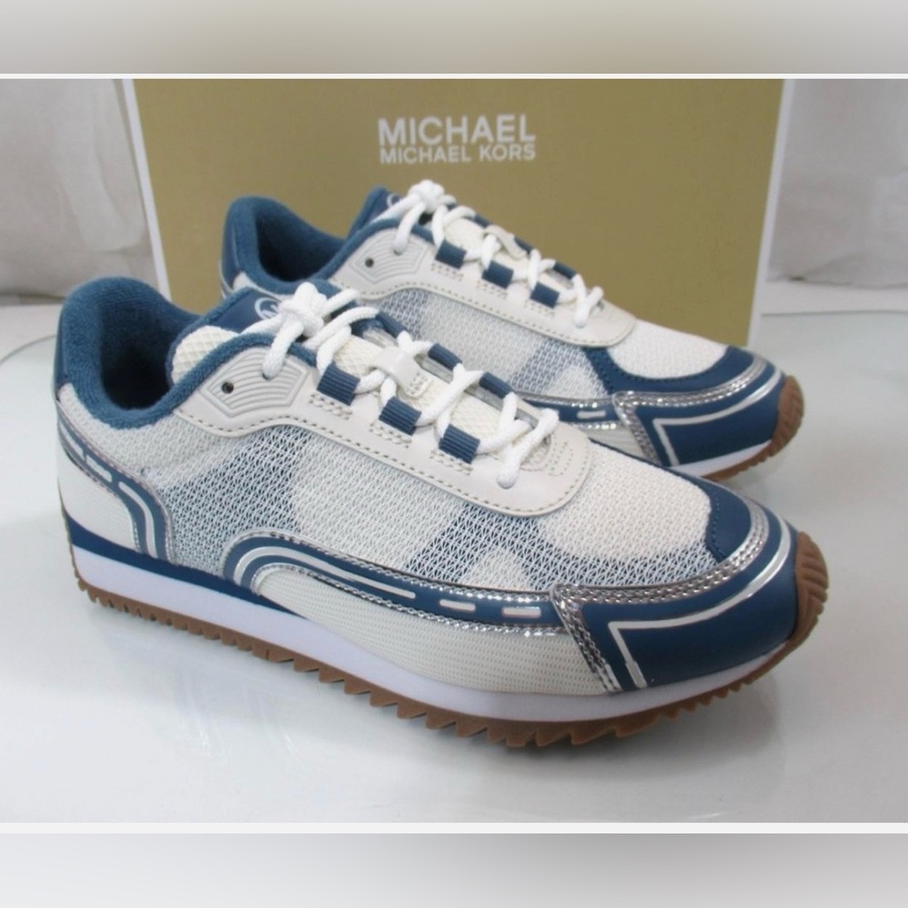MICHAEL Michael Kors White and Blue Mesh Run Sneakers